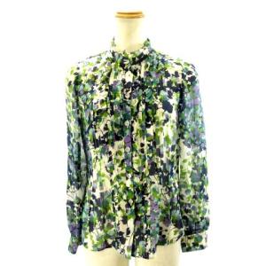 シルクシャツ シフォンブラウス 長袖 透け感 フリル 花柄 ネイビー パープル グリーン 7 約S EC