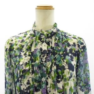 Leilian シルクシャツ シフォンブラウス 長袖 透け感 フリル 花柄 ネイビー パープル グリーン 7 約S EC