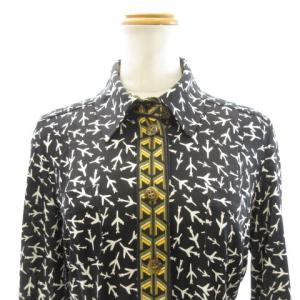 DIANE von FURSTENBERG 美品 シャツ ワンピース ストレッチ 長袖 シルク 総柄 黒 ブラック 8 約M STK