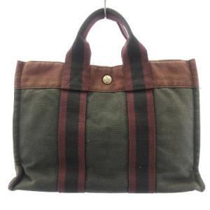 HERMES フールトゥPM トート ハンドバッグ キャンバス地 ブラック × パープル系 21cm×30cm AA EC