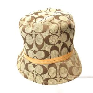 COACH 帽子 バケットハット シグネチャー柄 キャンバス レザー ベージュ ブラウン P