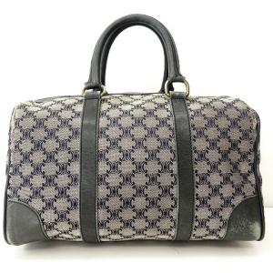 CELINE ヴィンテージ マカダム柄 ミニ ボストン ハンドバッグ キャンバス ネイビー グレー ECR17
