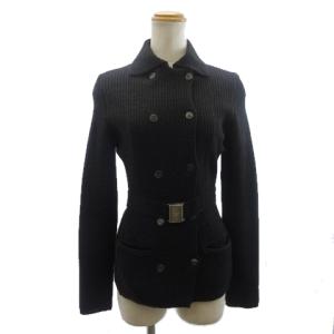 リブニットカーディガン ジャケット ウール ダブル ベルト付 灰 グレー 系 38 約S