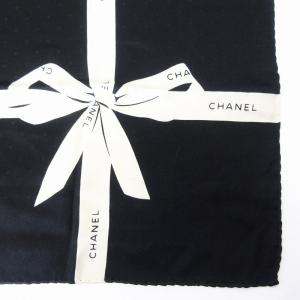 CHANEL スクエアドット ロゴ リボン スカーフ ストール ショール ネイビー ホワイト WY