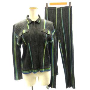 セットアップ デニム 転写 プリーツ ストライプ シャツジャケット パンツ 3 4 ブラック