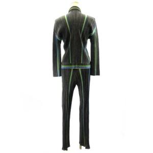 PLEATS PLEASE ISSEY MIYAKE セットアップ デニム 転写 プリーツ ストライプ シャツジャケット パンツ 3 4 ブラック
