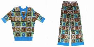 レースニット プリント セットアップ カットソー パンツ 2点 セット ブルー系 マルチ 3