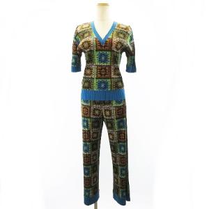 PLEATS PLEASE ISSEY MIYAKE レースニット プリント セットアップ カットソー パンツ 2点 セット ブルー系 マルチ 3