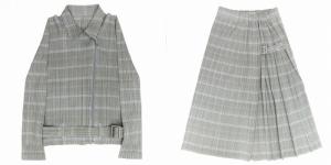 チェック柄 ベルト セットアップ ジャケット スカート ロング グレー 3