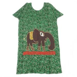 2006 象 プリント プリーツ 半袖 カットソー マーブル柄 PP63-JK522 緑 3 L