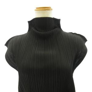 PLEATS PLEASE ISSEY MIYAKE 美品 カットソー ノースリーブ プリーツ ハイネック サイドスリット PP04-JK603 黒 ブラック 3 L STK