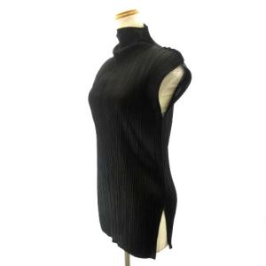PLEATS PLEASE ISSEY MIYAKE 美品 カットソー ノースリーブ プリーツ ハイネック サイドスリット PP04-JK603 黒 ブラック 3 L STK