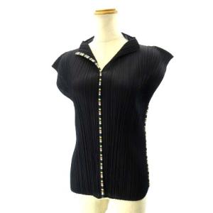 美品 ノースリーブ カットソー スキッパー マルチボーダー PP43-JK651 黒 ブラック 3 約L STK