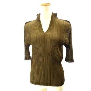 美品 カットソー スキッパー シャツ メッシュ 五分袖 PP73-JK561 茶 ブラウン 3 約L STK