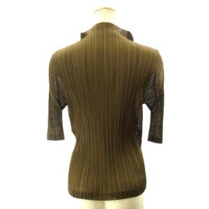 PLEATS PLEASE ISSEY MIYAKE 美品 カットソー スキッパー シャツ メッシュ 五分袖 PP73-JK561 茶 ブラウン 3 約L STK