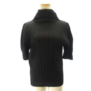 美品 カットソー タートルネック 半袖 プリーツ PP03-JK622 黒 ブラック 3 約L STK