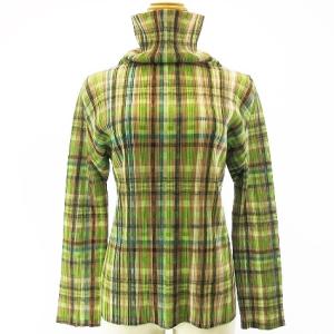 チェック柄 マルチカラー ハイネック カットソー 長袖 グリーン系 3