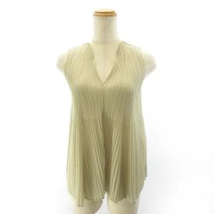 極美品 ノースリーブ カットソー Vネック プリーツ 切替 フレア PP13-JK604 ベージュ 3 約L STK