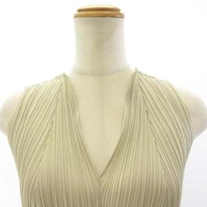 PLEATS PLEASE ISSEY MIYAKE 極美品 ノースリーブ カットソー Vネック プリーツ 切替 フレア PP13-JK604 ベージュ 3 約L STK