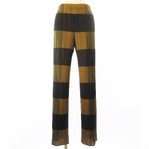 PLEATS PLEASE ISSEY MIYAKE チェックスリット ボーダー パンツ スラックス 伸縮 4 ブラウン キャメル