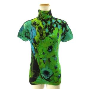 MI93FK475 カットソー 半袖 花柄 ワッフルプリーツ グリーン ターコイズブルー