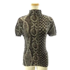 美品 カットソー ハイネック 半袖 ワッフルプリーツ モザイク柄 MI63FK535 ブラウン グレー STK