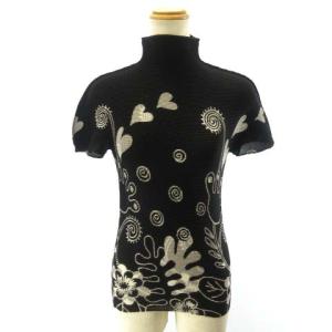 美品 カットソー ハイネック 半袖 ワッフルプリーツ ハート MI11FK355 黒 ブラック グレー STK