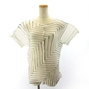 美品 シャツ ブラウス プリーツ 切替 アシンメトリー 変形 ストライプ MI43FO151 白 ホワイト ブラック STK