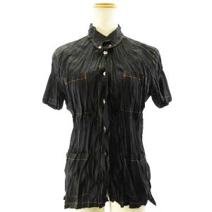 PLEATS PLEASE ISSEY MIYAKE 美品 シワプリーツ 加工 シャツ ブラウス カットソー 半袖 ブラック オレンジ 3 L相当 STK