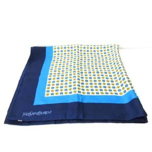 YVES SAINT LAURENT スカーフ ショール 総柄 プリント 幾何学模様 ロゴ 紺 ネイビー ブルー