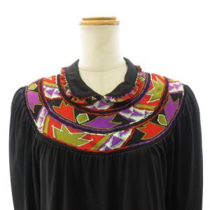 LEONARD ワンピース ロング チュニック 長袖 シルク混 フリルカラー パープル 黒 ブラック 9A 約M