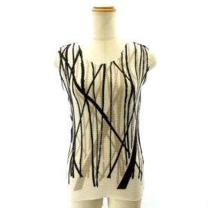 ノースリーブ カットソー ワッフルプリーツ MI91-FR632 総柄 白 ホワイト ブラック