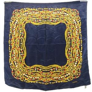 美品 シルク100％ チェーン 宝石 柄 スカーフ ストール ショール ネイビー ゴールド マルチカラー WY