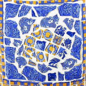 CELINE 美品 シルク100％ ヴィンテージ マカダム 総柄 スカーフ ストール ショール ホワイト系 ブルー オレンジ 87cm ×