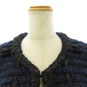 TORY BURCH 美品 ツイード ノーカラー ジャケット ゴールドボタン リボン 紺 ネイビー M