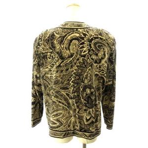 LEONARD FASHION 美品 ノーカラー ジャケット カーディガン ウール シルク ペイズリー 総柄 ベージュ 黒 ブラック L WY