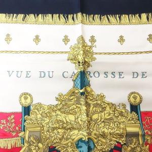 HERMES シルク100％ カレ90 VUE DU CAROSSE DE クイーンの戴冠式 スカーフ ストール ショール ネイビー系 ホワイト