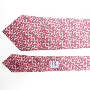HERMES 美品 シルク100％ 総柄 レギュラータイ ネクタイ レッド系 ピンク ECR17
