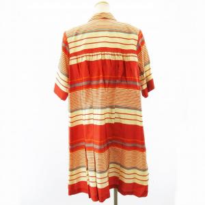 YVES SAINT LAURENT rive gauche ヴィンテージ シルク100％ ギャザー ストライプ ワンピース ドレス スカート ひざ丈 レッド マルチカラー 36 S相当