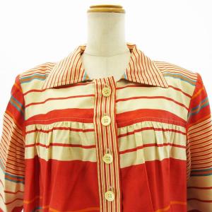 YVES SAINT LAURENT rive gauche ヴィンテージ シルク100％ ギャザー ストライプ ワンピース ドレス スカート ひざ丈 レッド マルチカラー 36 S相当