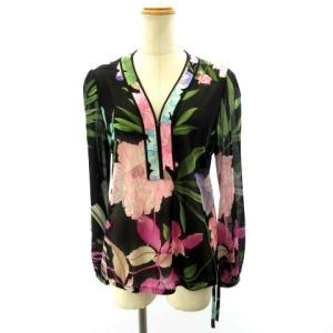 FASHION カットソー ブラウス シースルー 花柄 ボタニカル L ブラック ピンク