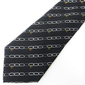 美品 シルク100％ ココマーク チェーン ワイドタイ ネクタイ フォーマル ビジネス ブラック 系 IBO38