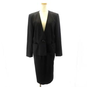 ヴィンテージ ノーカラー スカートスーツ セットアップ ウール フォーマル 黒 ブラック 11 約M WY