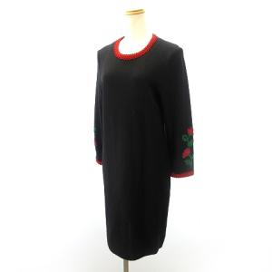 YVES SAINT LAURENT ニット ワンピース 長袖 花刺繍 ウール 黒 ブラック MWY