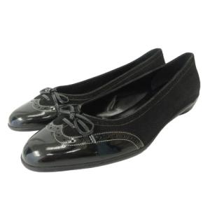 フラットシューズ パテント パンプス ウィングチップ リボン装飾 エナメル 黒 ブラック 6.5 約24cm相当