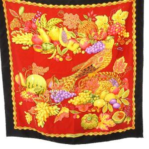 スカーフ ストール 大判 フルーツ柄 シルク 黒 ブラック レッド 約87cm×88cm