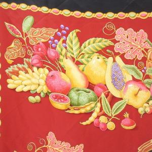 Salvatore Ferragamo スカーフ ストール 大判 フルーツ柄 シルク 黒 ブラック レッド 約87cm×88cm