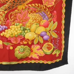 Salvatore Ferragamo スカーフ ストール 大判 フルーツ柄 シルク 黒 ブラック レッド 約87cm×88cm