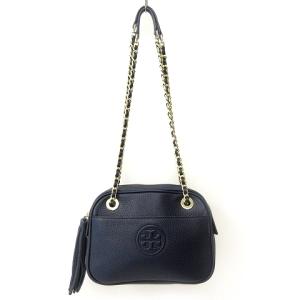 TORY BURCH 美品 タッセル チェーン ショルダーバッグ ポシェット シボ革 ゴールド金具 ロゴ 紺 ネイビー