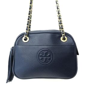 TORY BURCH 美品 タッセル チェーン ショルダーバッグ ポシェット シボ革 ゴールド金具 ロゴ 紺 ネイビー